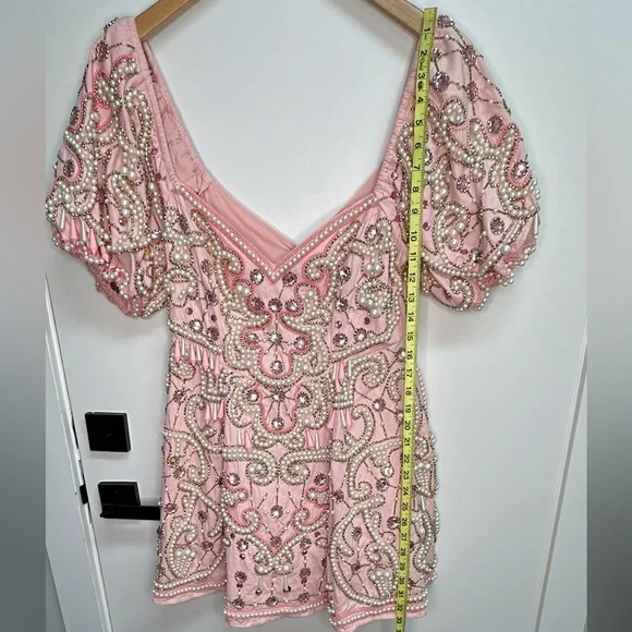 NWT ASOS Luxe pearl embellished puff sleeve caged mini dress in pink Sz 6(US) - Picture 15 of 16
